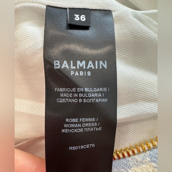 BALMAIN Blue & White Frayed gingham cotton-blend tweed Mini Dress FR36